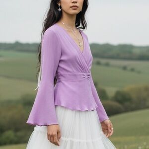 Vintage Y2K Balletcore 100% Silk Bell Sleeve Lined Vneck Blouse NEW 4 Deadstock